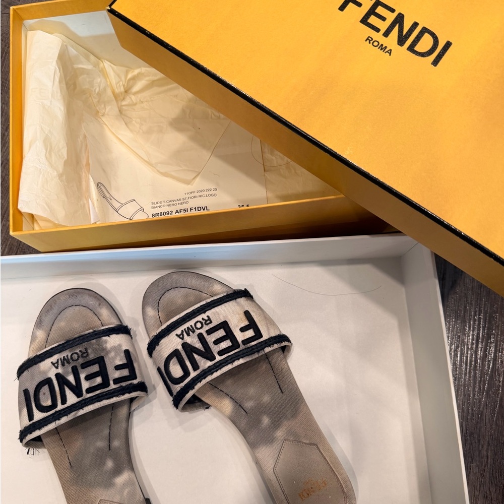 Fendi Beige and navy Slide Sandals